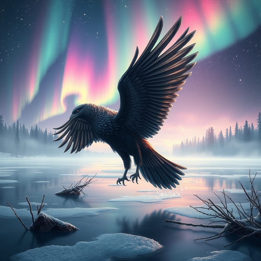 Majestic Bird Rises from Frosty Lake Amidst Vibrant Aurora