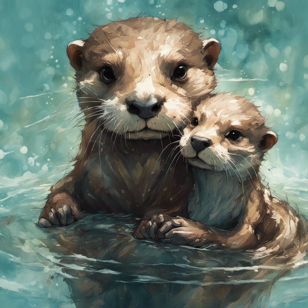 Magical Otters Holding Hands: Fantasycore Artwork