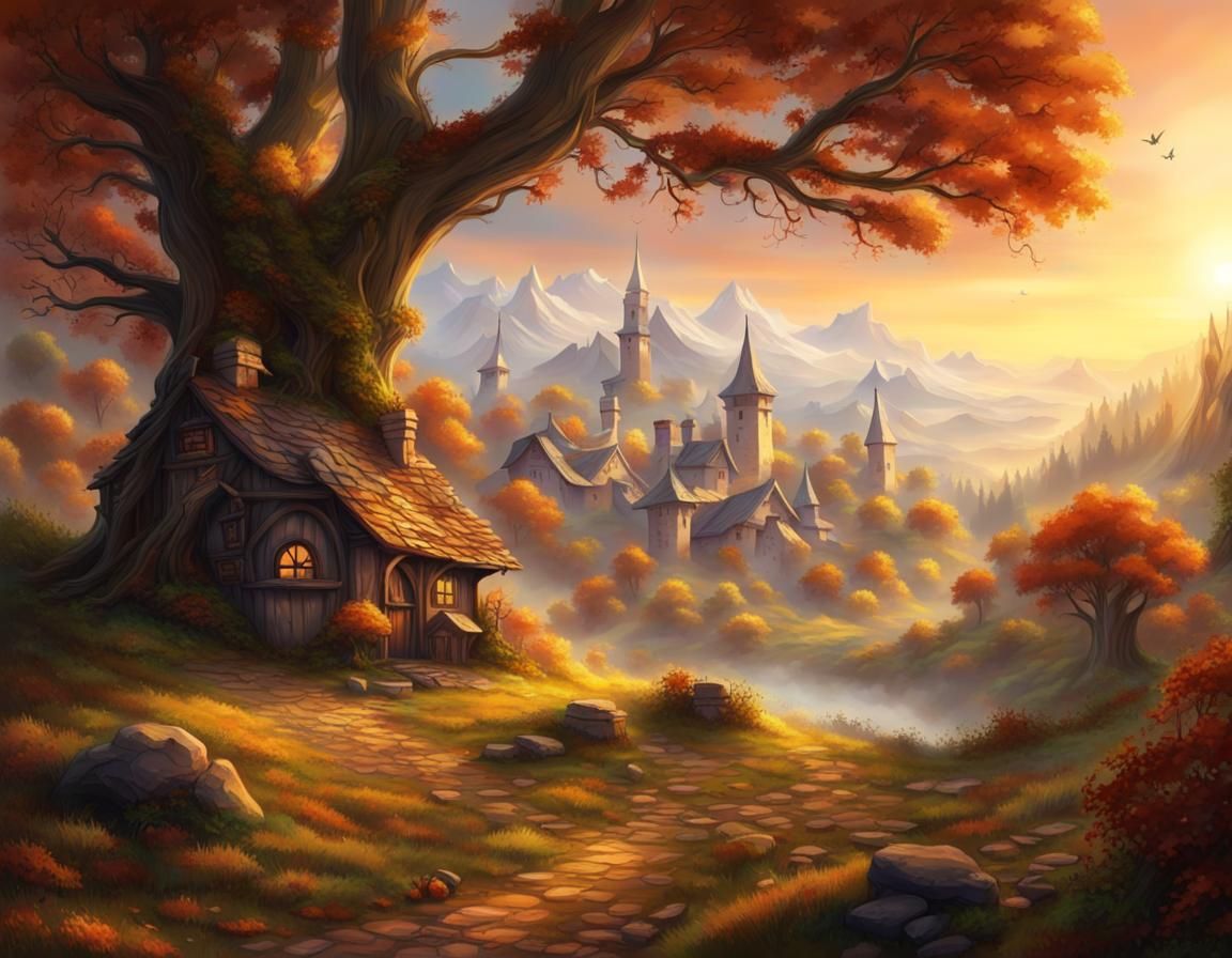 Realistic Autumn Forest Landscape with Cozy Village