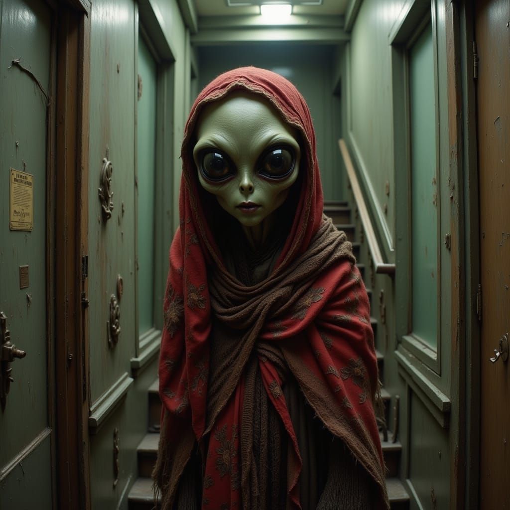 Alien in Soviet Stairwell, Oil Painting Style