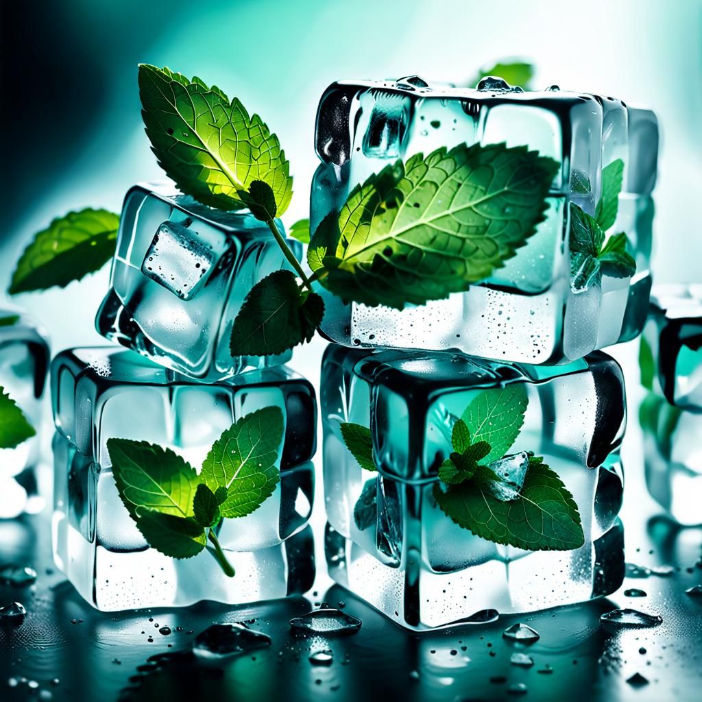 Crystal Ice Cubes with Mint: Hyperrealistic Macro