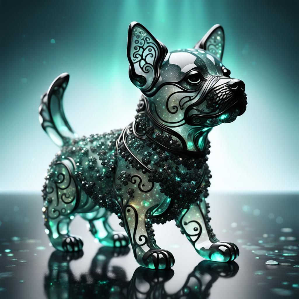 Hyper-Realistic Crystal Glass Dog in Night Forest