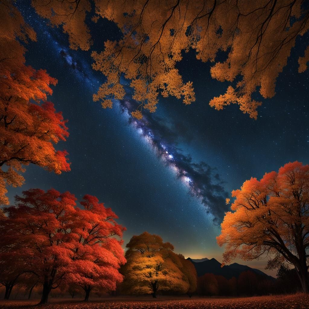 Celestial Autumn: Stars and Falling Leaves at Night