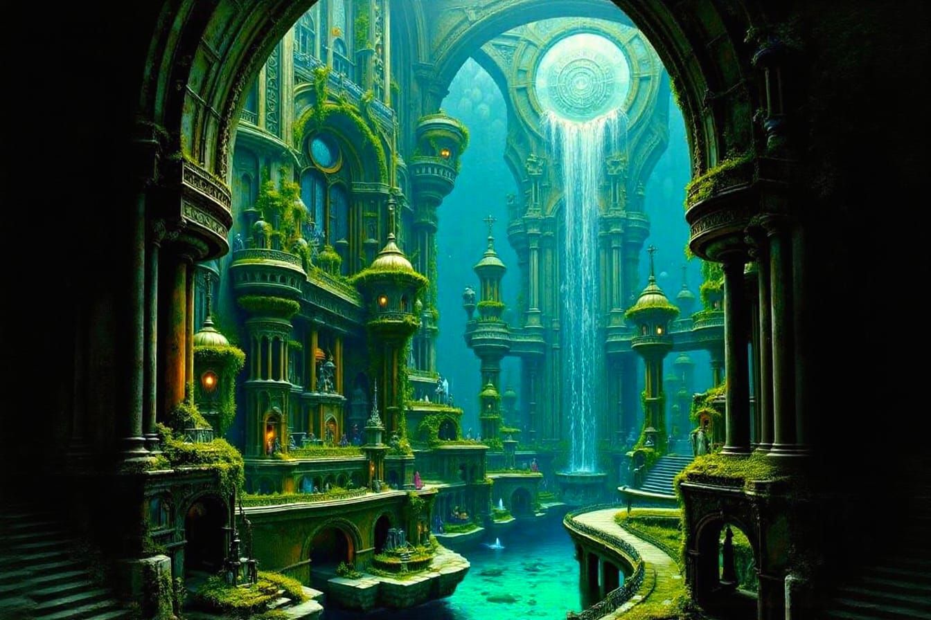 Underwater City with Brutalist and Gothic Architecture