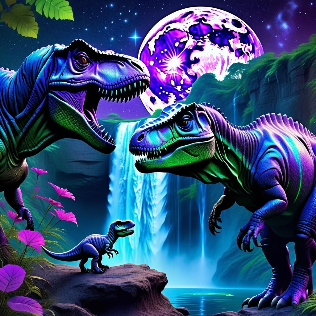 Cosmic T-Rex Family Embracing Under a Swirling Purple Moon