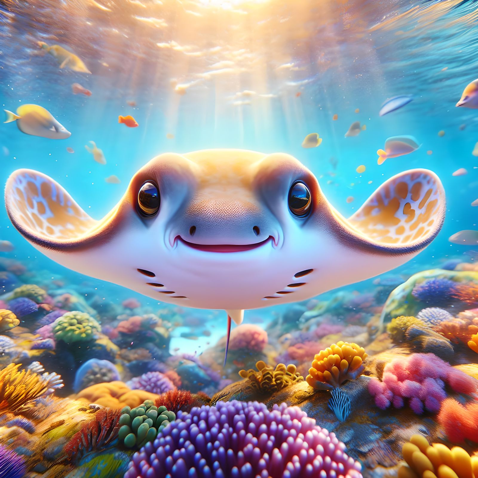 Cute Smiley Stingray in a Vibrant Ocean