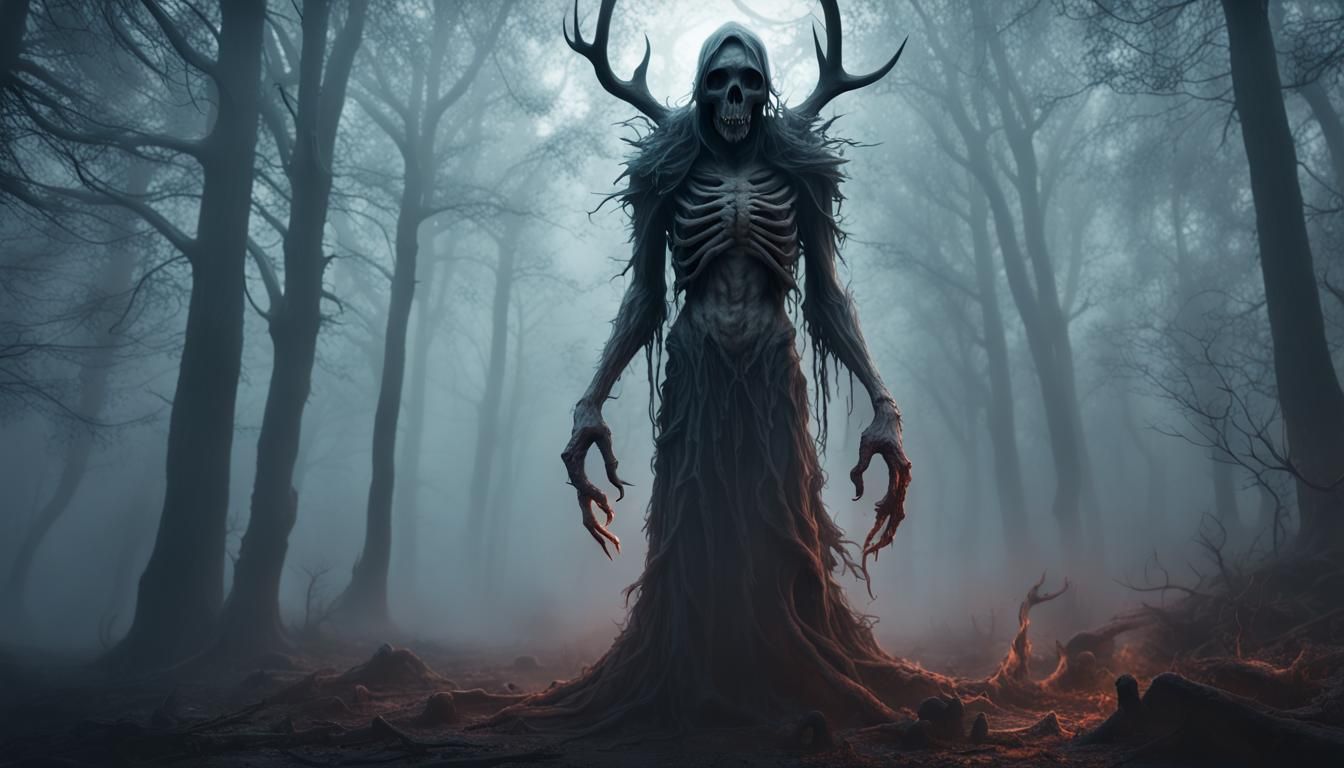 Ethereal Wendigo Emerges from Fog: Dark Fantasy Art