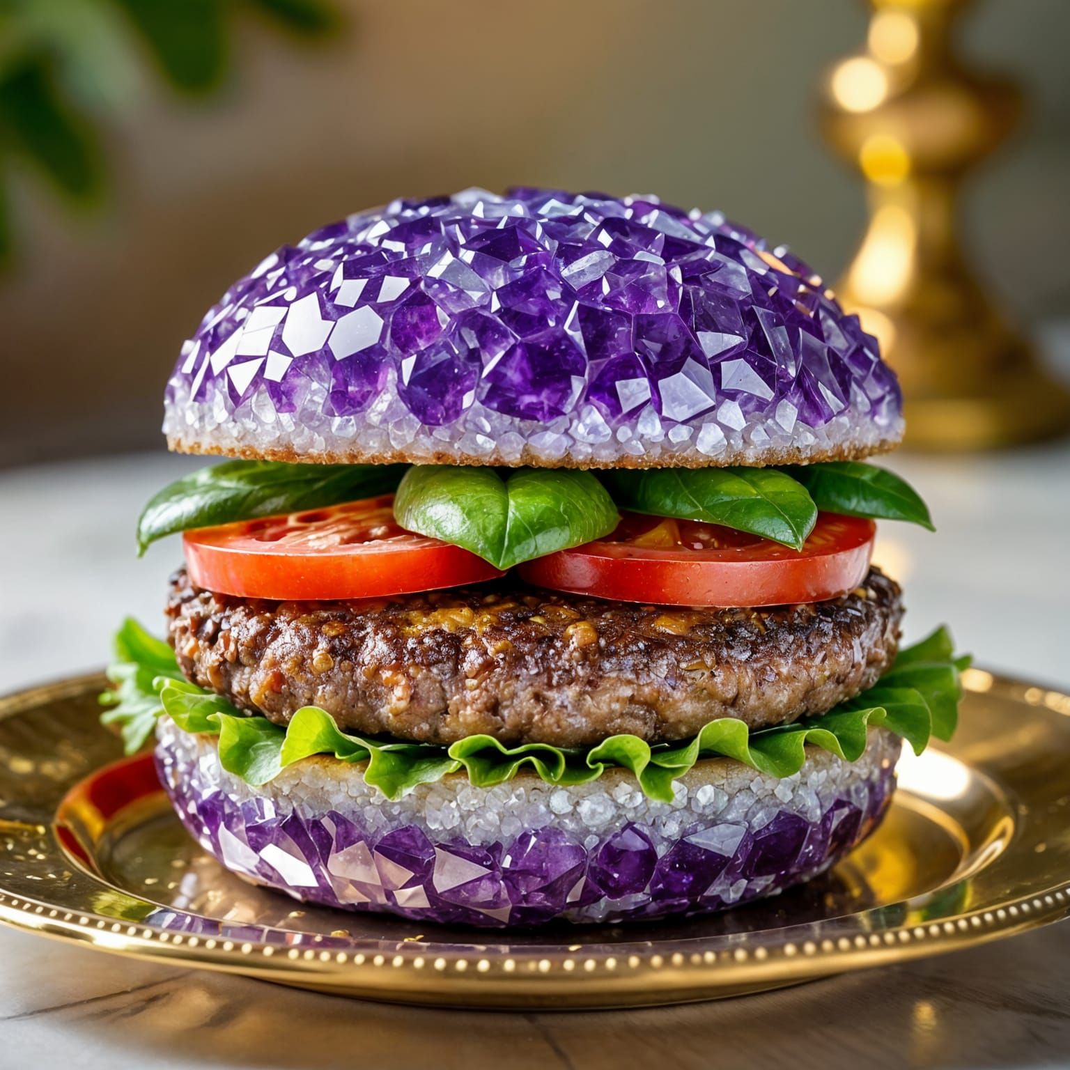 Amethyst Crystal Burger on Gold Plate