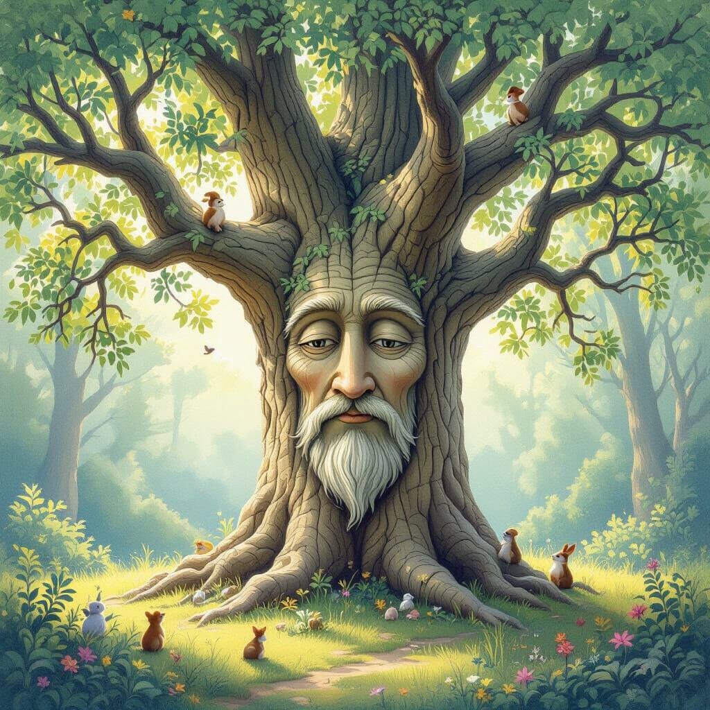 Majestic Forest Tree with Face, Whimsical Oil Painting