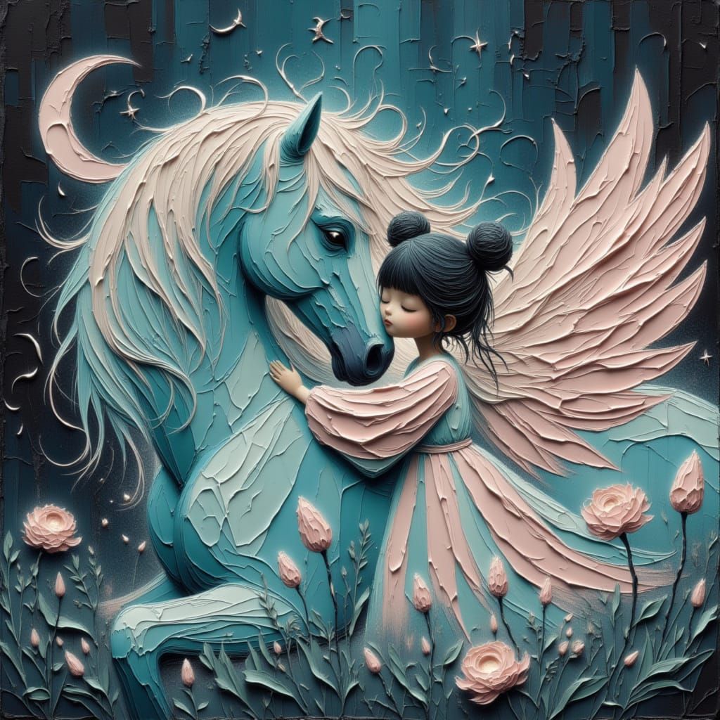 Moonchild and Horse in Bioluminescent Embrace
