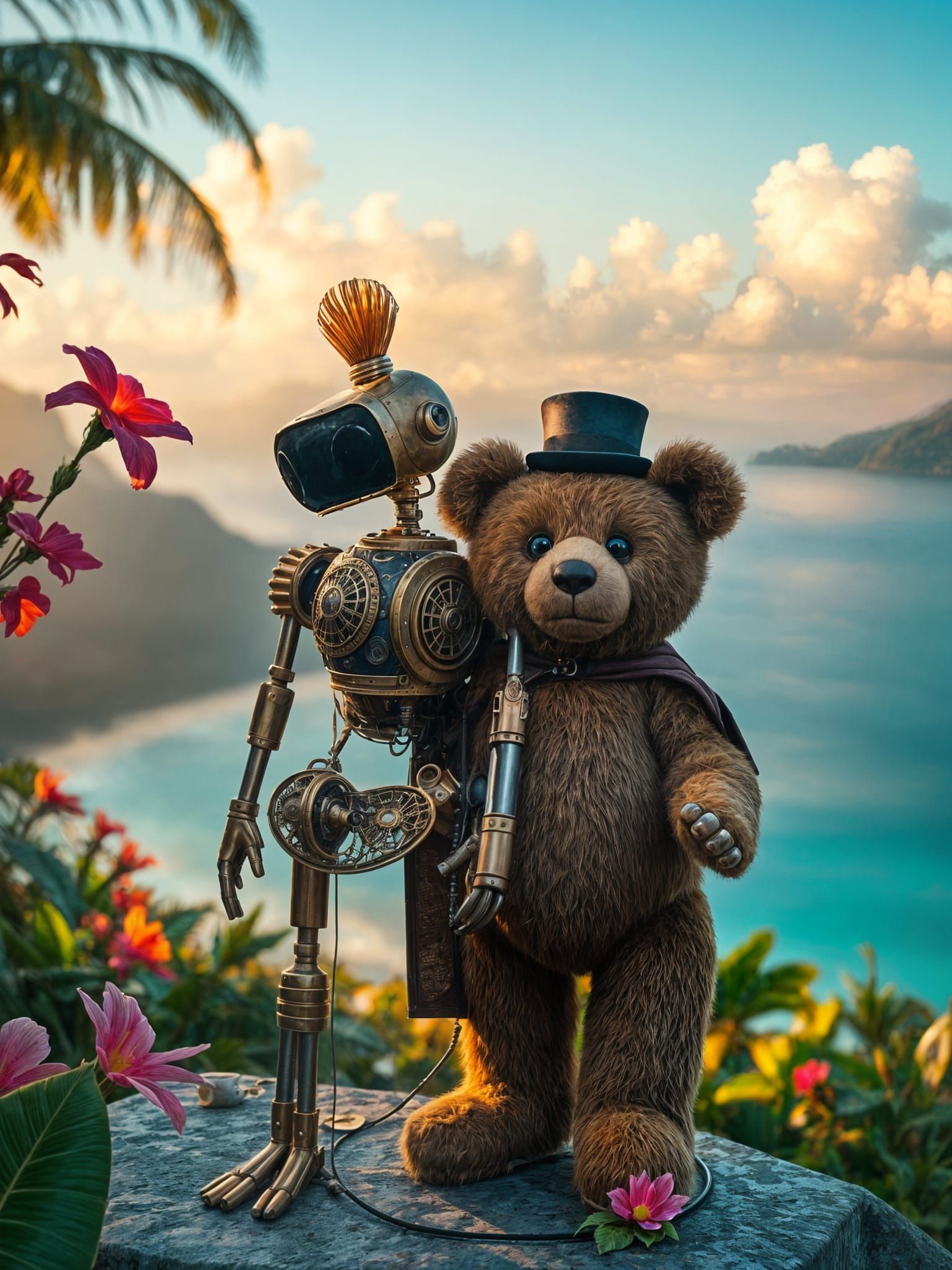 Ethereal Teddy Bear Portrait in Tropical Sunrise