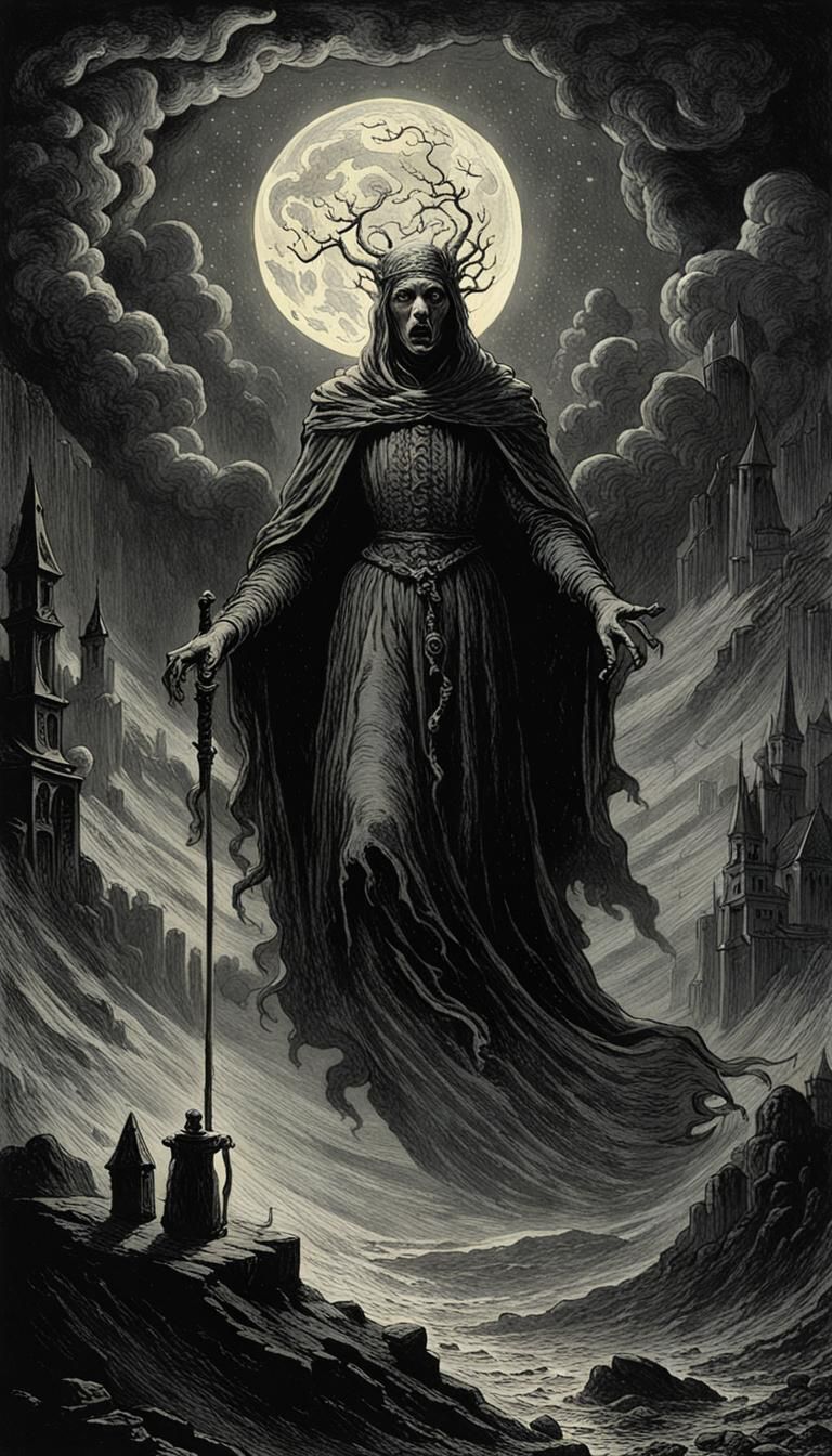 Horrific Aurora in Dark Engraving Style