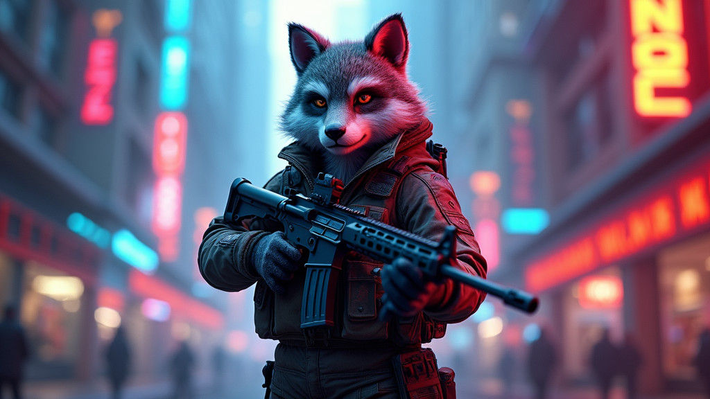 Furry Soldier in Dystopian Cityscape