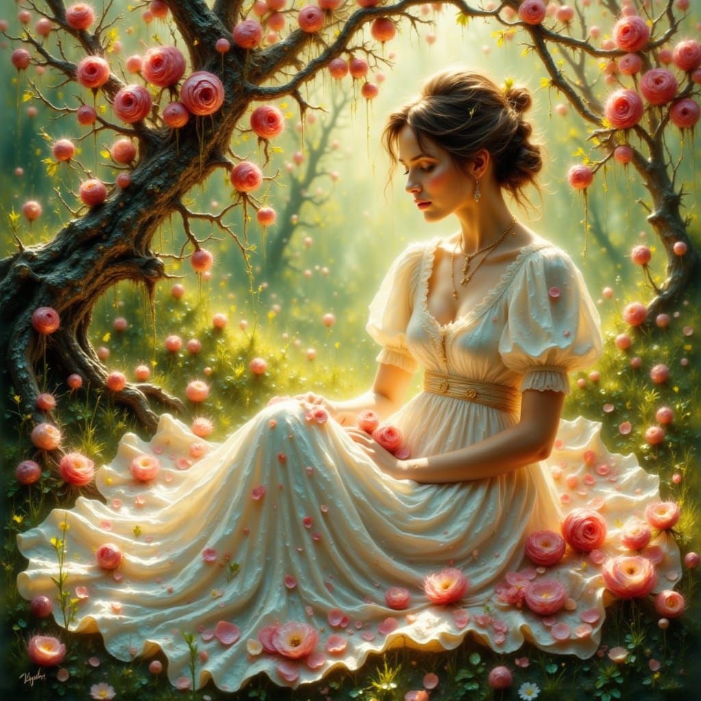 English Woman Relaxing Under Blooming Apple Tree