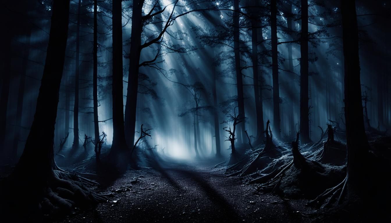 Dark forest at night, creepy, scary, lit only by moonlight w...