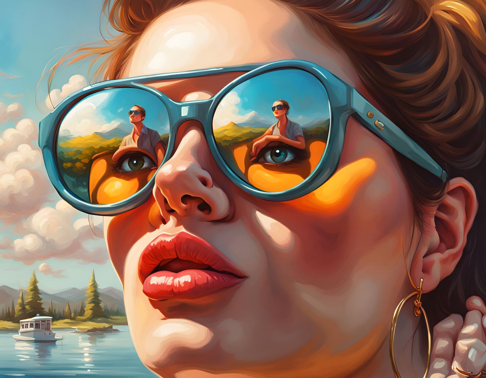 Woman in Sunglasses Reflecting Man, Hyperrealism