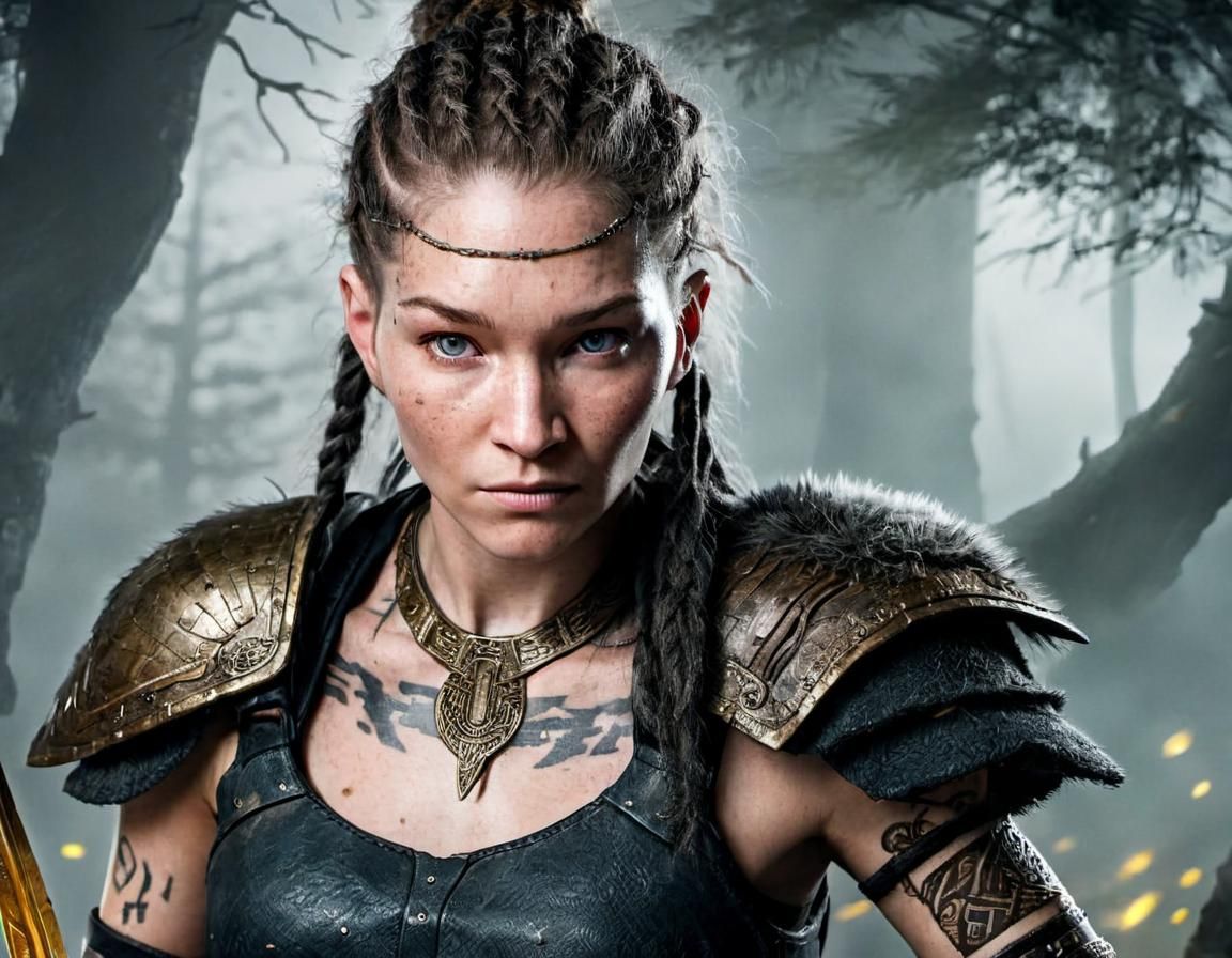 Warrior Woman with Celtic Tattoos in Misty Forest