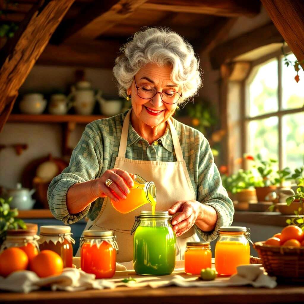 Whimsical Grandmother Bottling Jellies: 3D Illustration