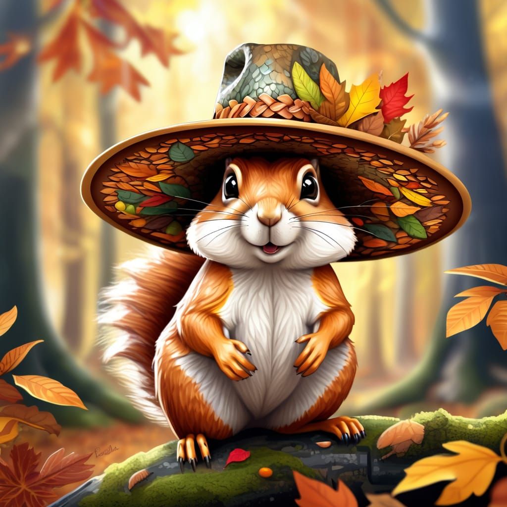 Autumn Leaf Fedora Hat with Squirrel, Digital Art