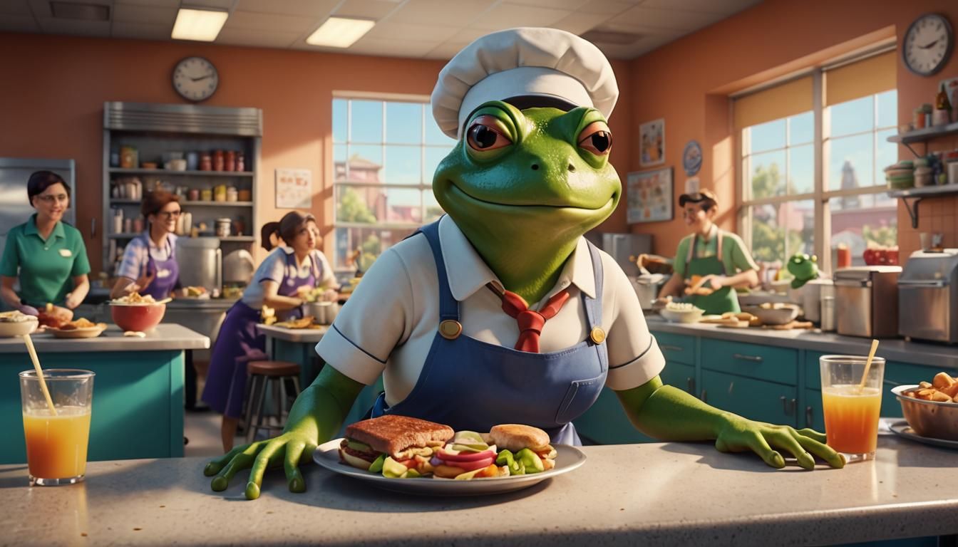 Frog Lunch Lady in Pixar Animation Style