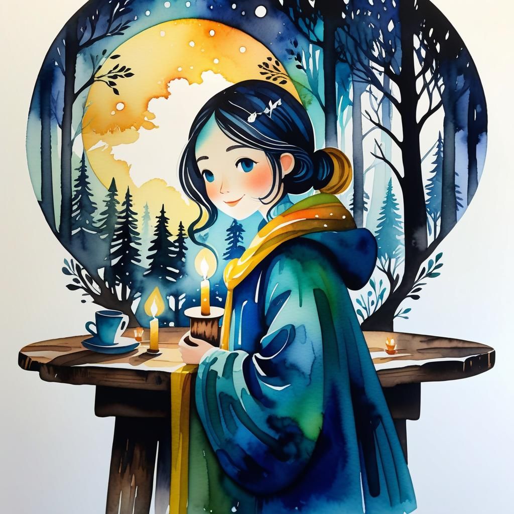 Friends Gather in Forest Clearing: Watercolor and Ink Art