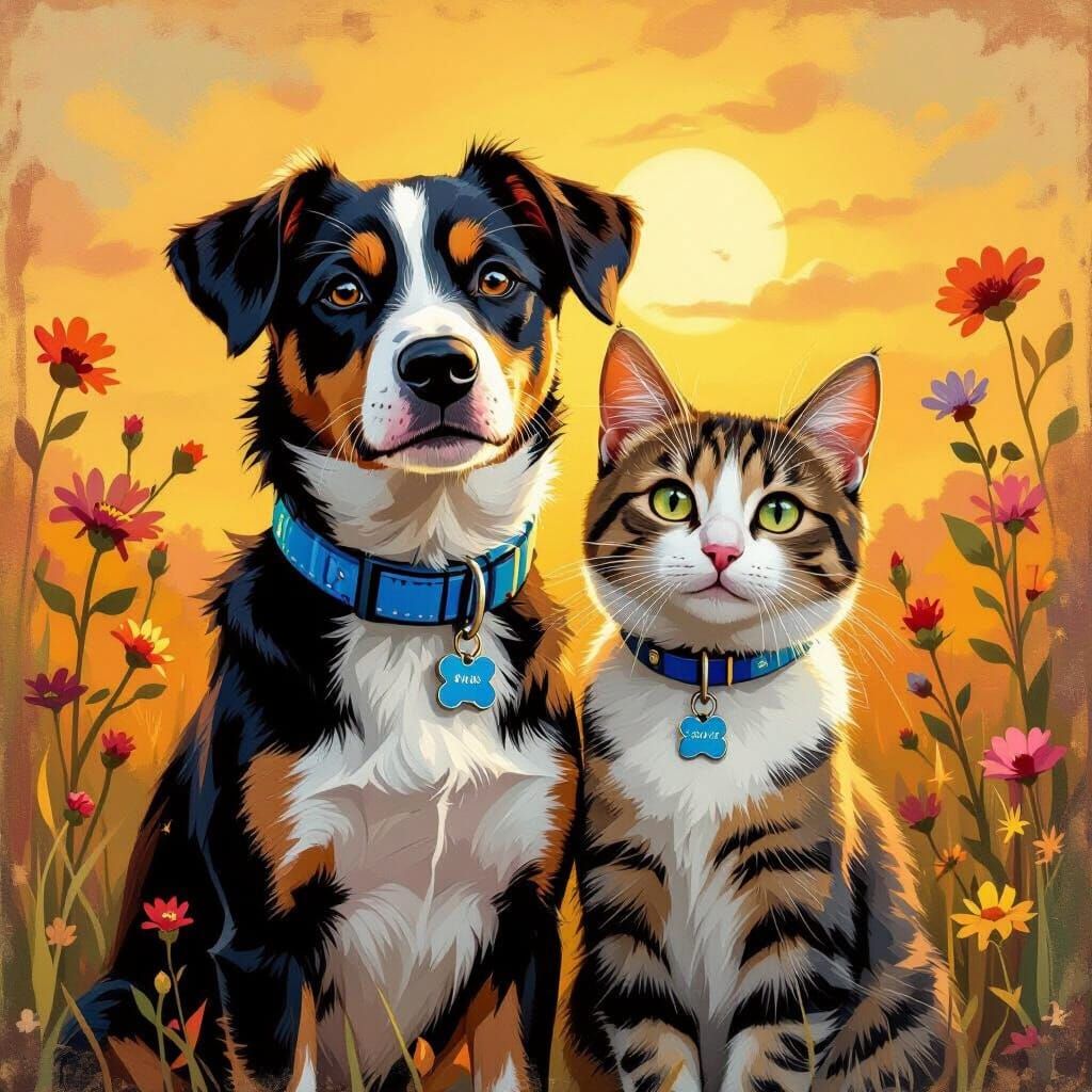Dog and Cat Together in a Sunny Landscape