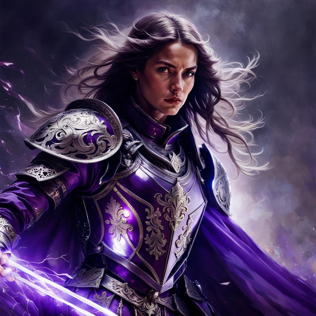 Female Paladin in Purple Armor with Spirit Flames