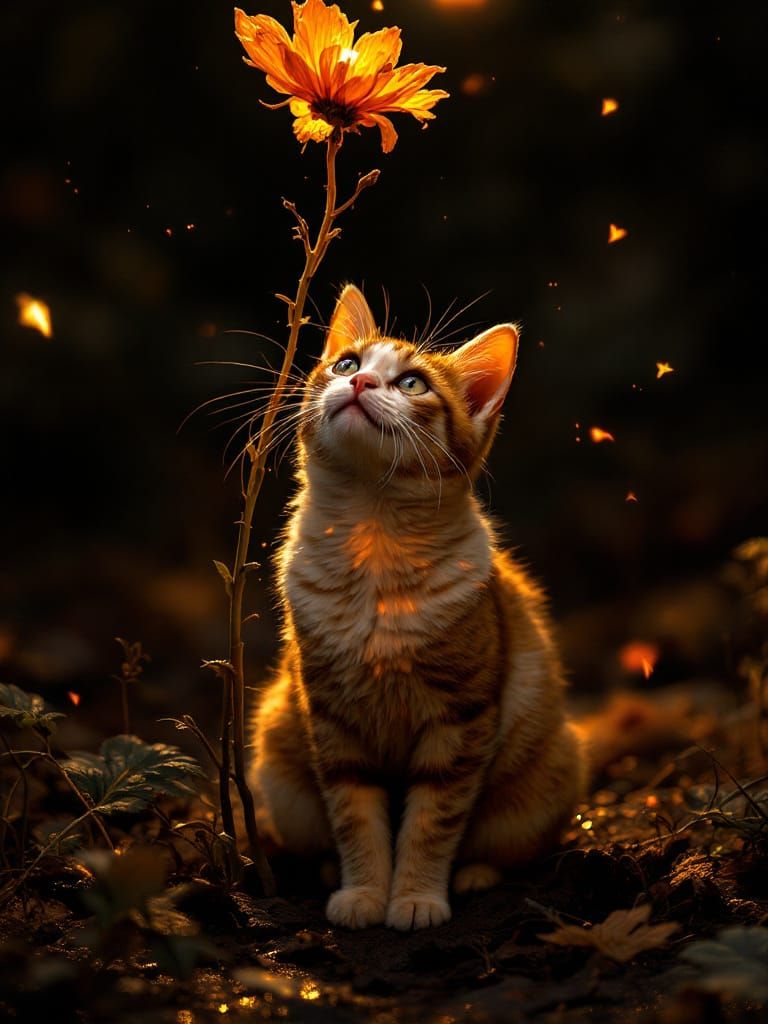 Cat Under Flower Bathed in Luminous, Distorted Light