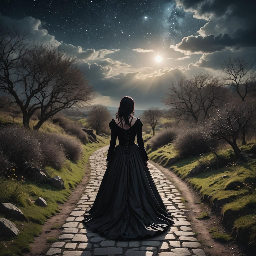 Goth Girl Under Stars with Divine Light