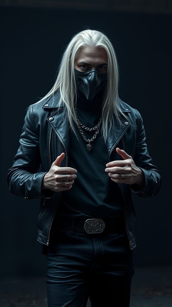 Masked Man in Dystopian Scene with Hyperrealistic Detail