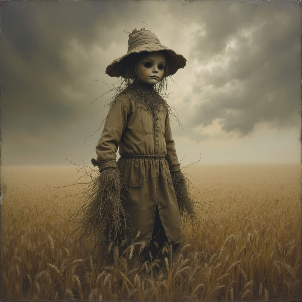 Tattered Scarecrow in Desolate Wheat Field