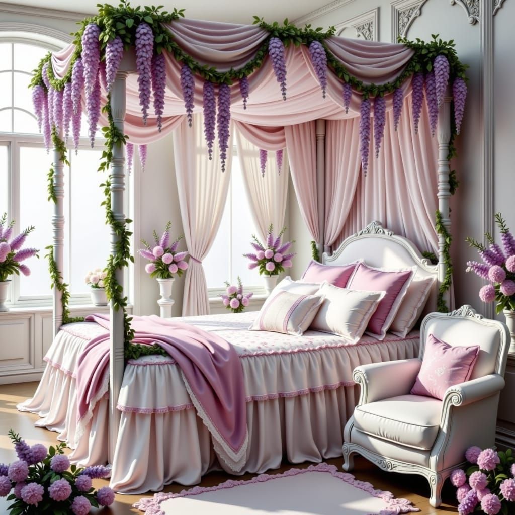 Romantic Fairytale Bedroom with Floral Canopy Bed
