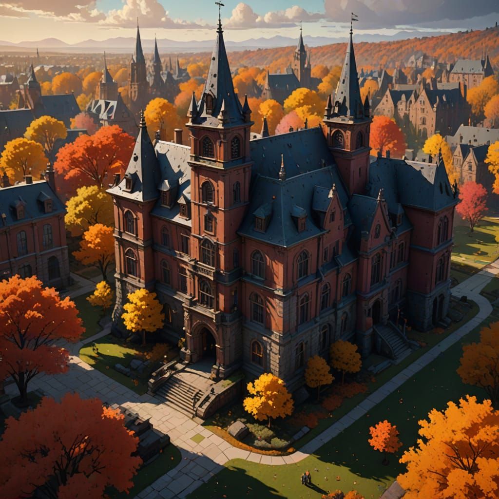 Ethereal Autumn College Campus in Hyper-Realistic Style