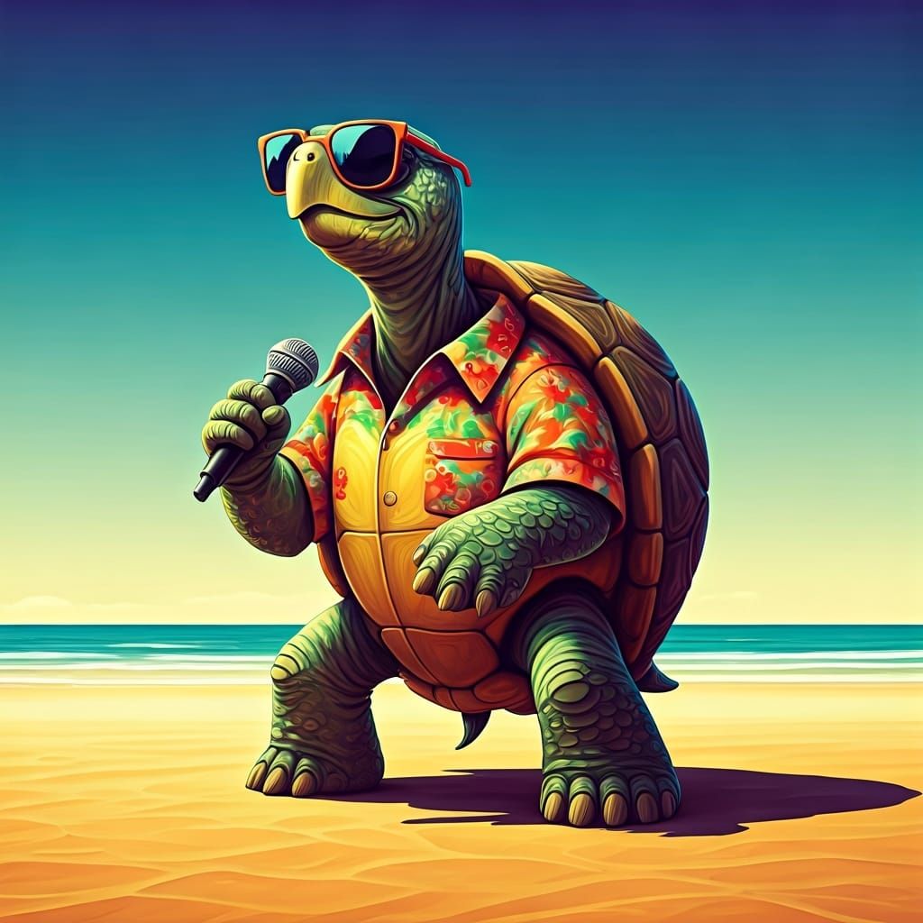 Singing Turtle on Beach in Pop Surrealist Style