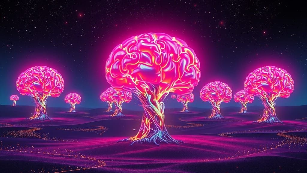 Glowing Brain Trees in a Neon Cosmos
