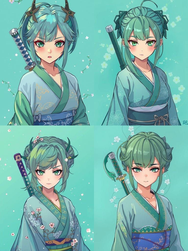 Anime Dragon Woman in Vibrant Green Kimono with Cherry Bloss...