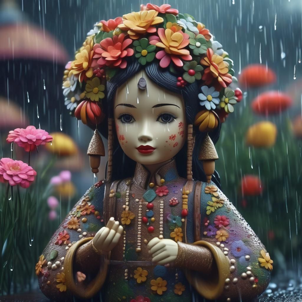 Detailed Wooden Doll with Flowers and Rain