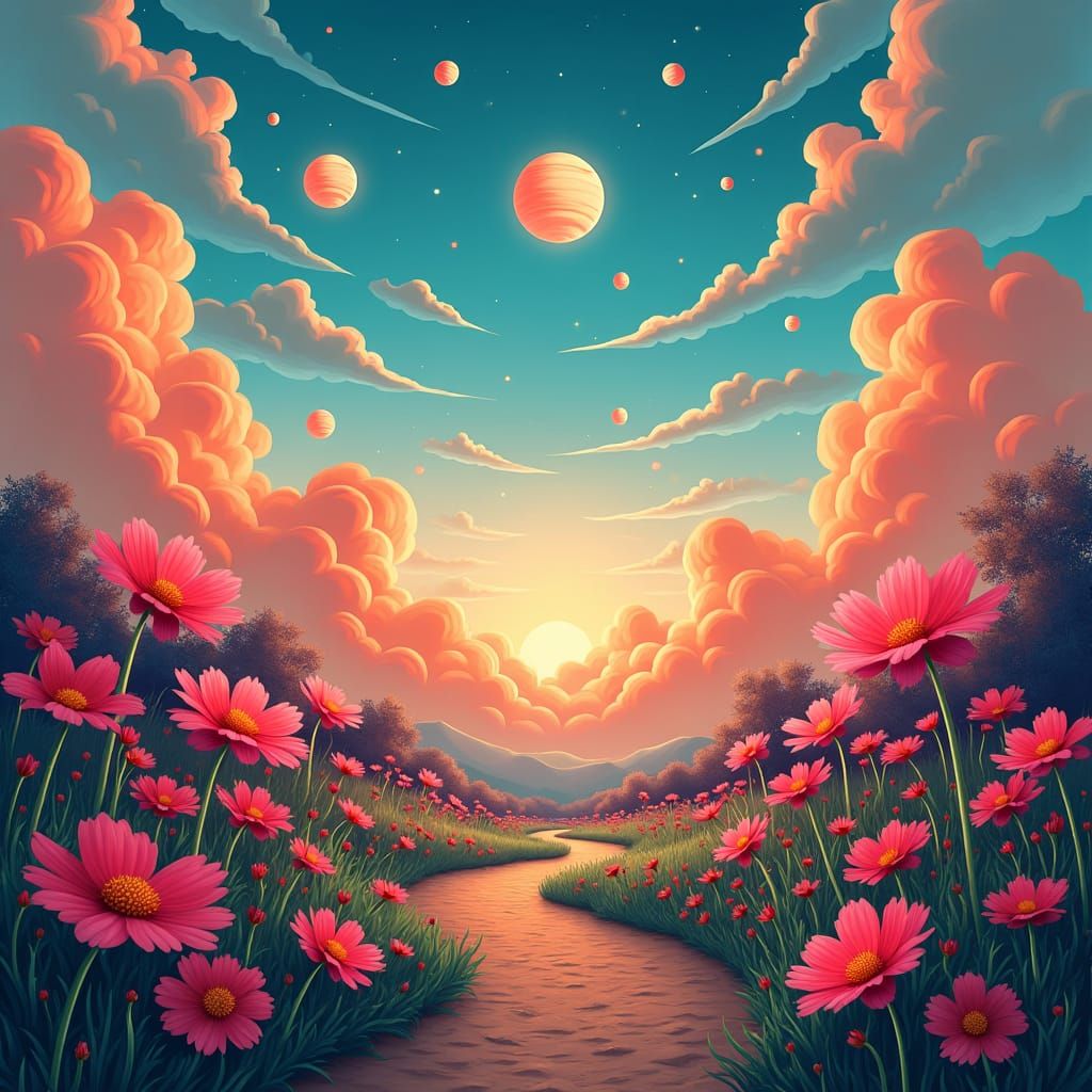 Twilight Garden with Giant Cosmos Flowers, Digital Art