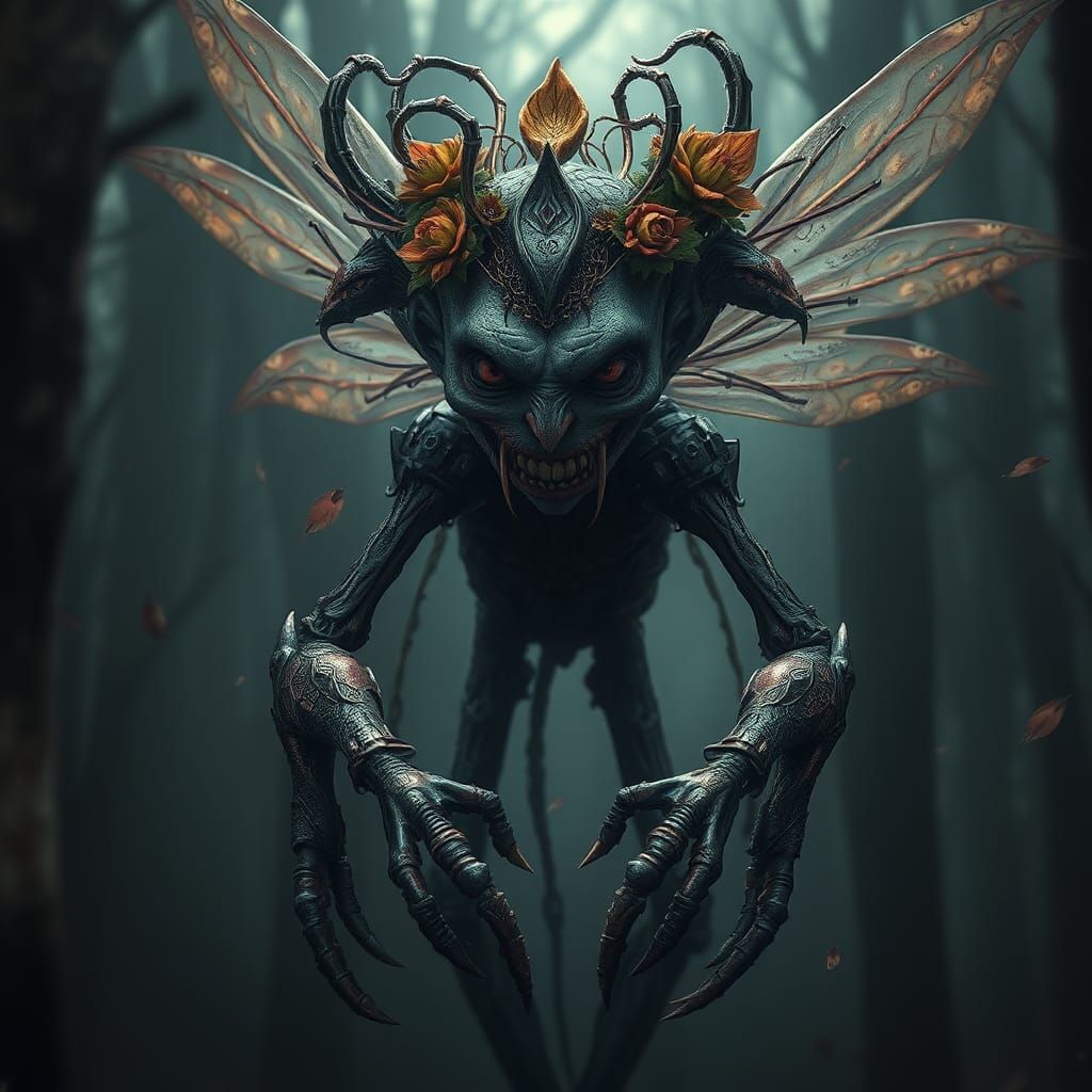 Lovecraftian Fairy Puppet Monster in Dark Forest