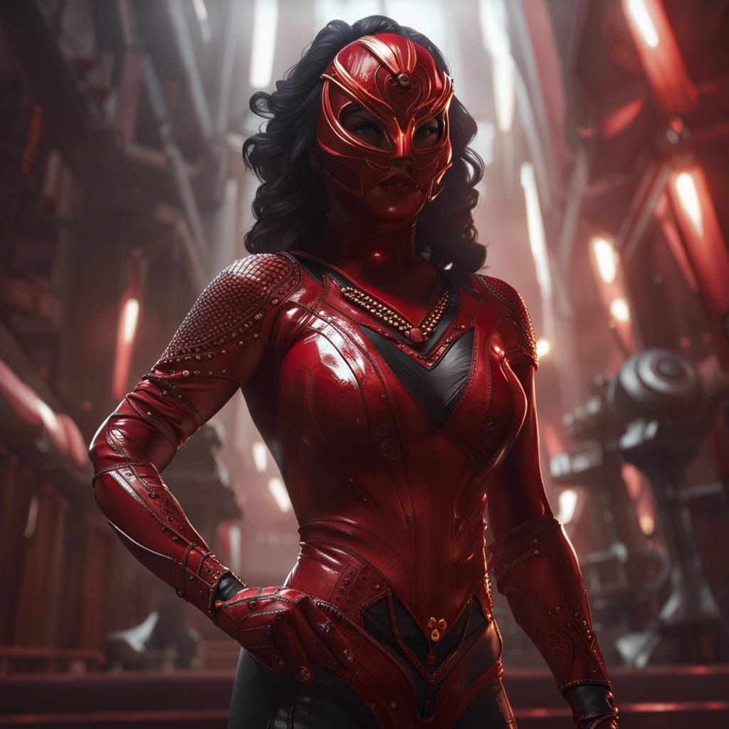 Indian Superheroine in Red Latex Suit, Dark Fantasy