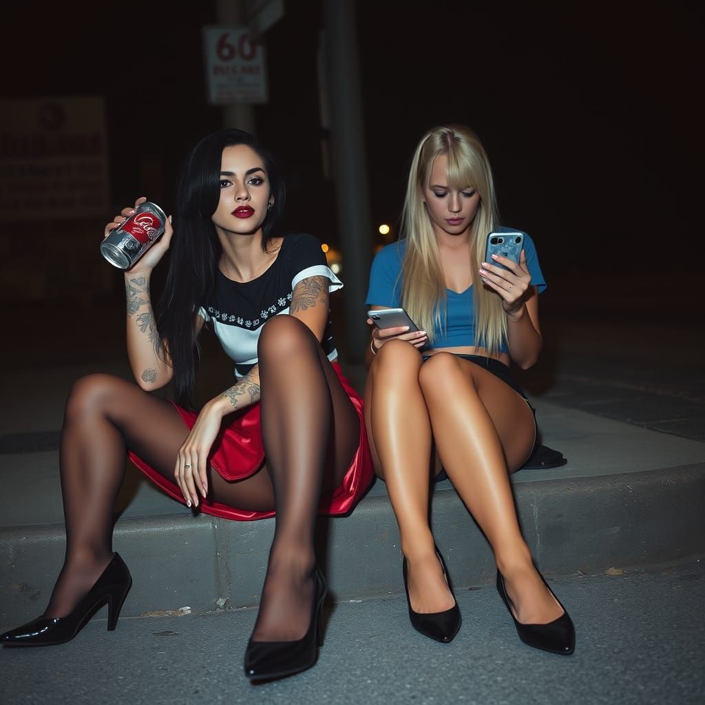 Two Women on a Curb in Gritty Cinematic Style