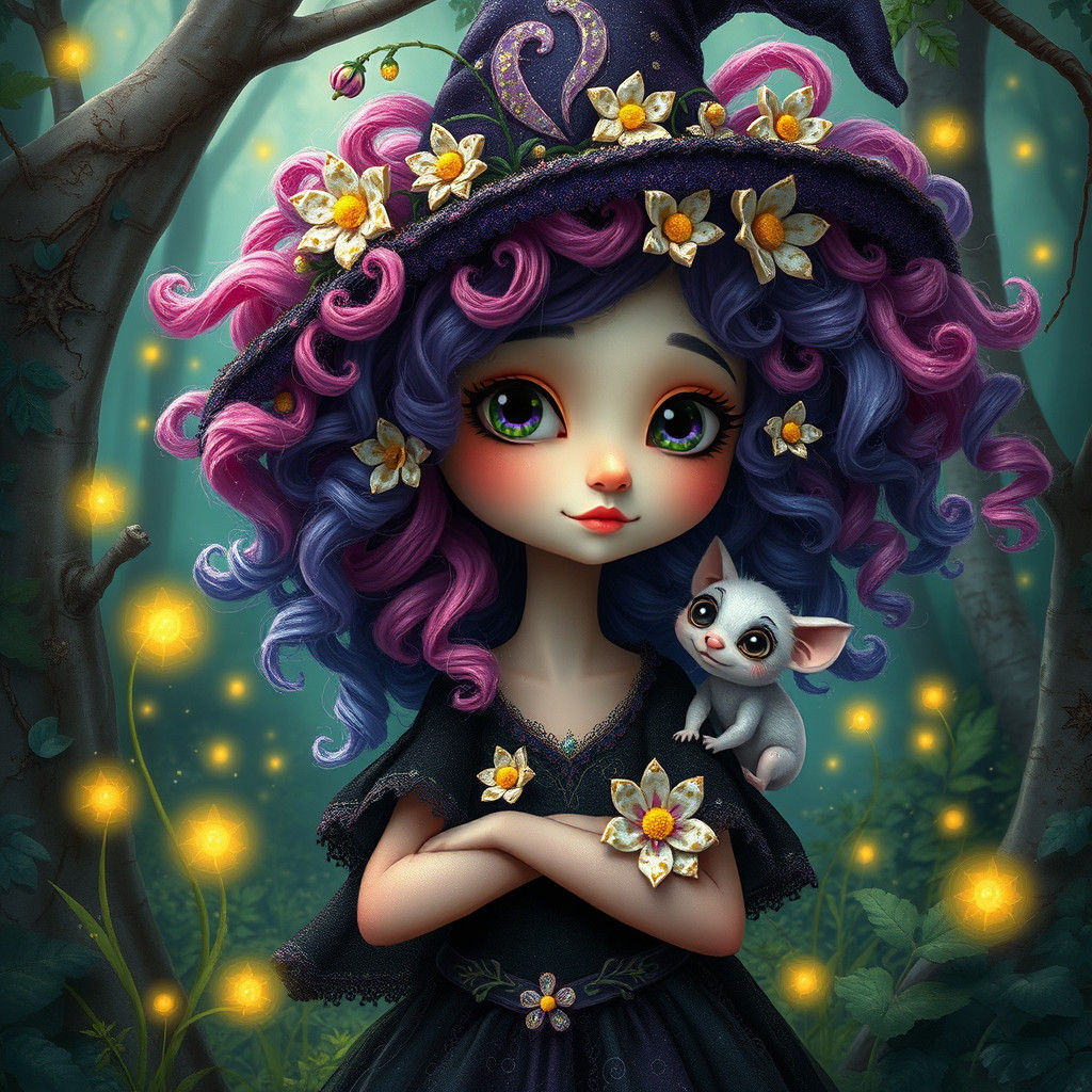 Whimsical Witch with Vibrant Hair in Enchanted Forest