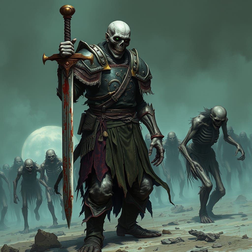 Undead Warrior in Dark Fantasy Armor Stands Beside Twisted Z...