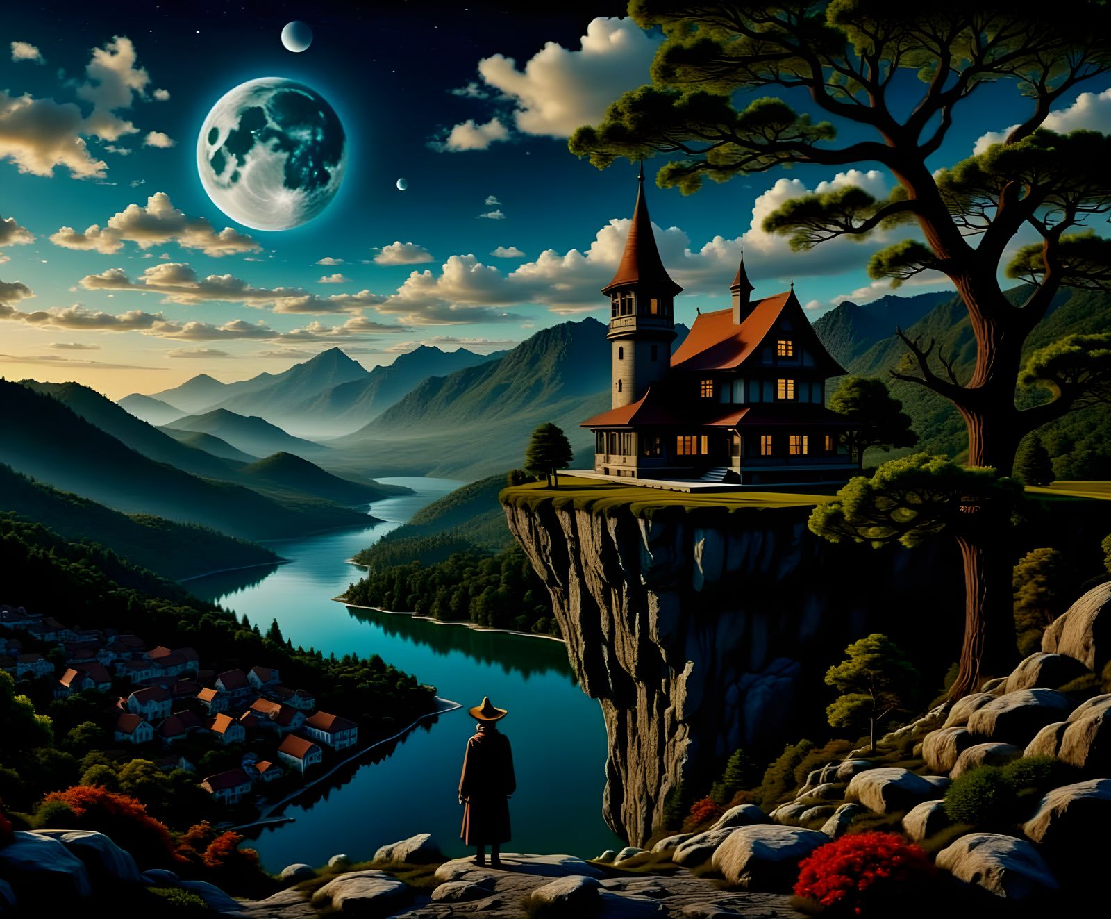 The house on the cliff overlooks the river  and town