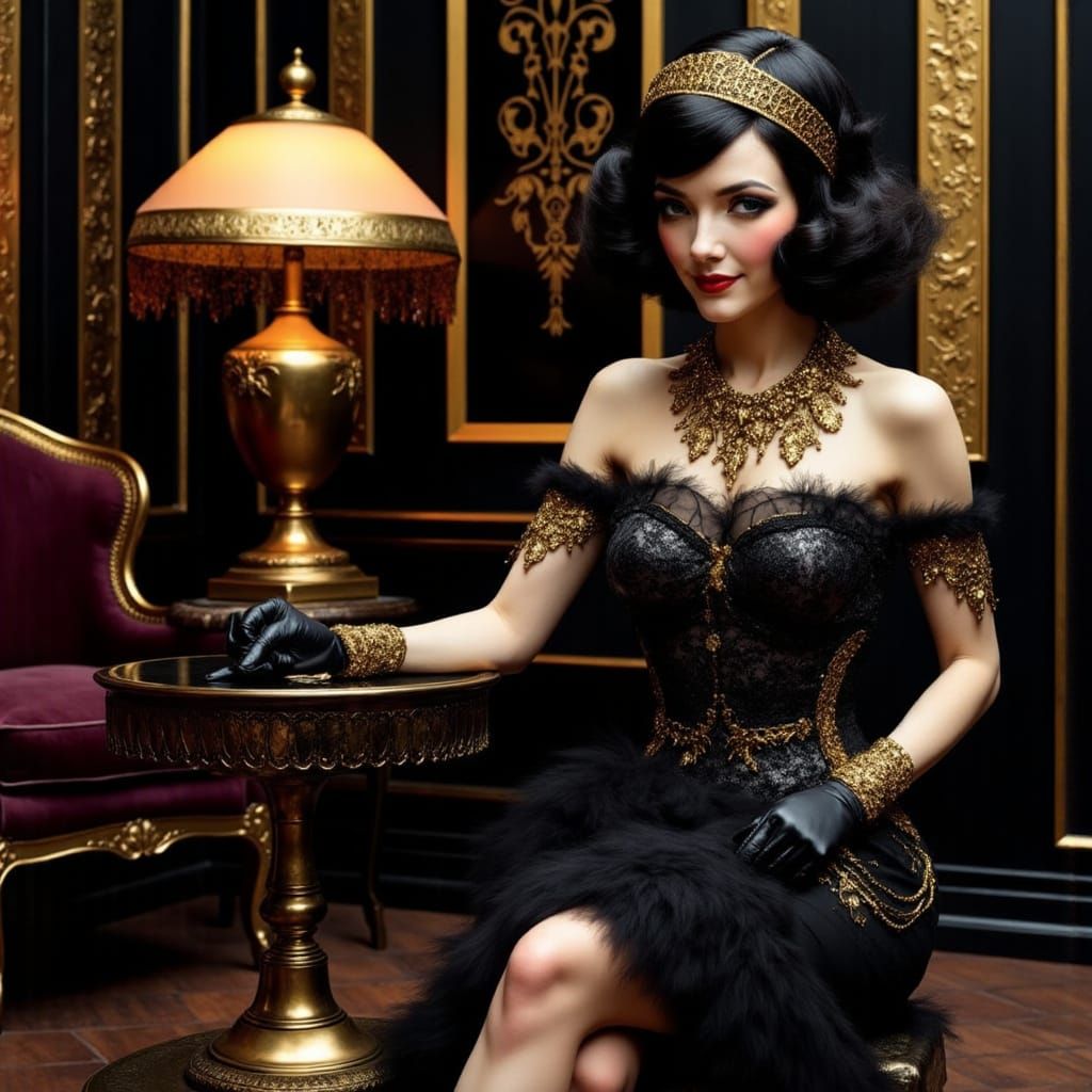 1920s Flapper in Black and Gold Art Deco Parlour