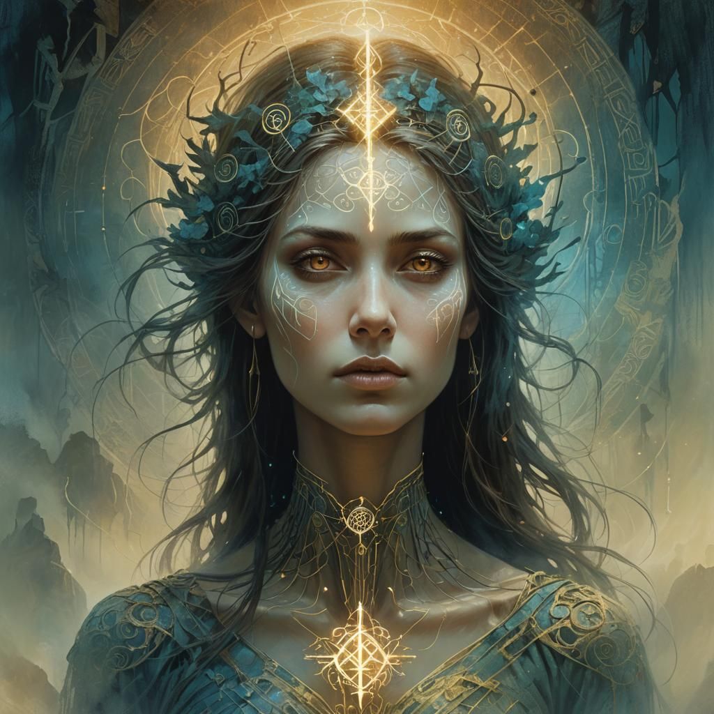 Ethereal Woman in Mystical Realm: Digital Concept Art
