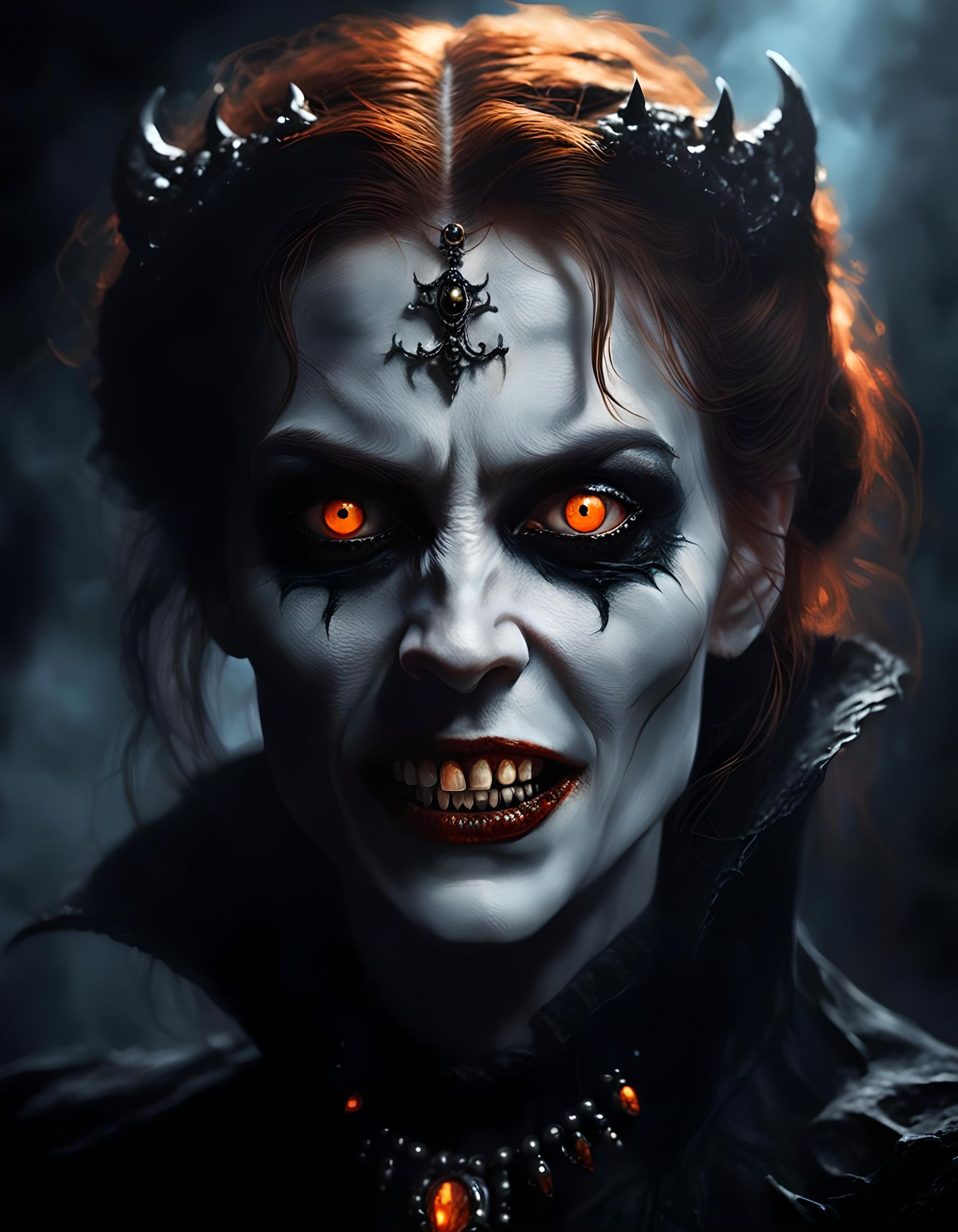 close up portrait of a Vampire women, orange eyes , scary lo...