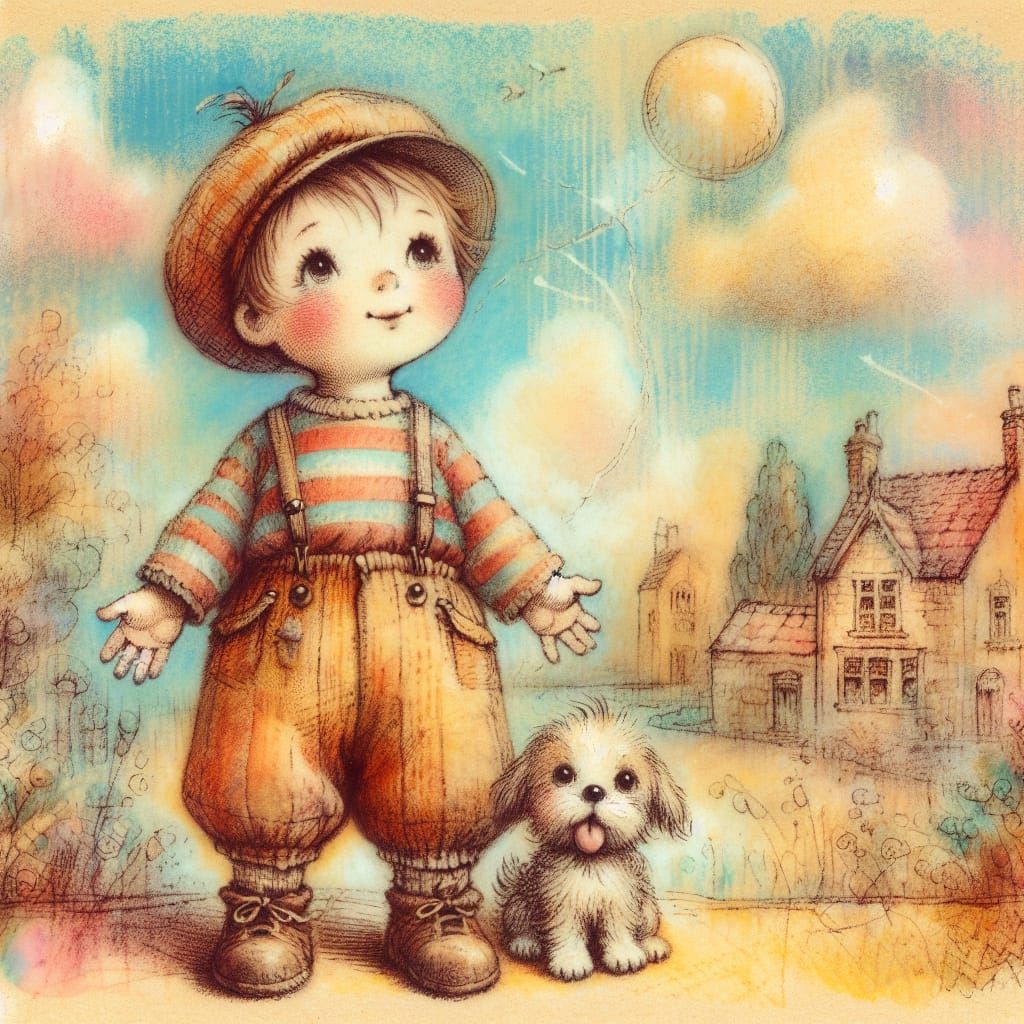 Whimsical Storybook Scene of Child with Dog in Pastel