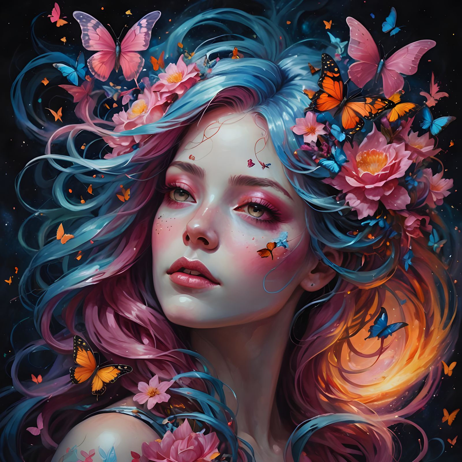 Ethereal Woman with Flowers and Butterflies