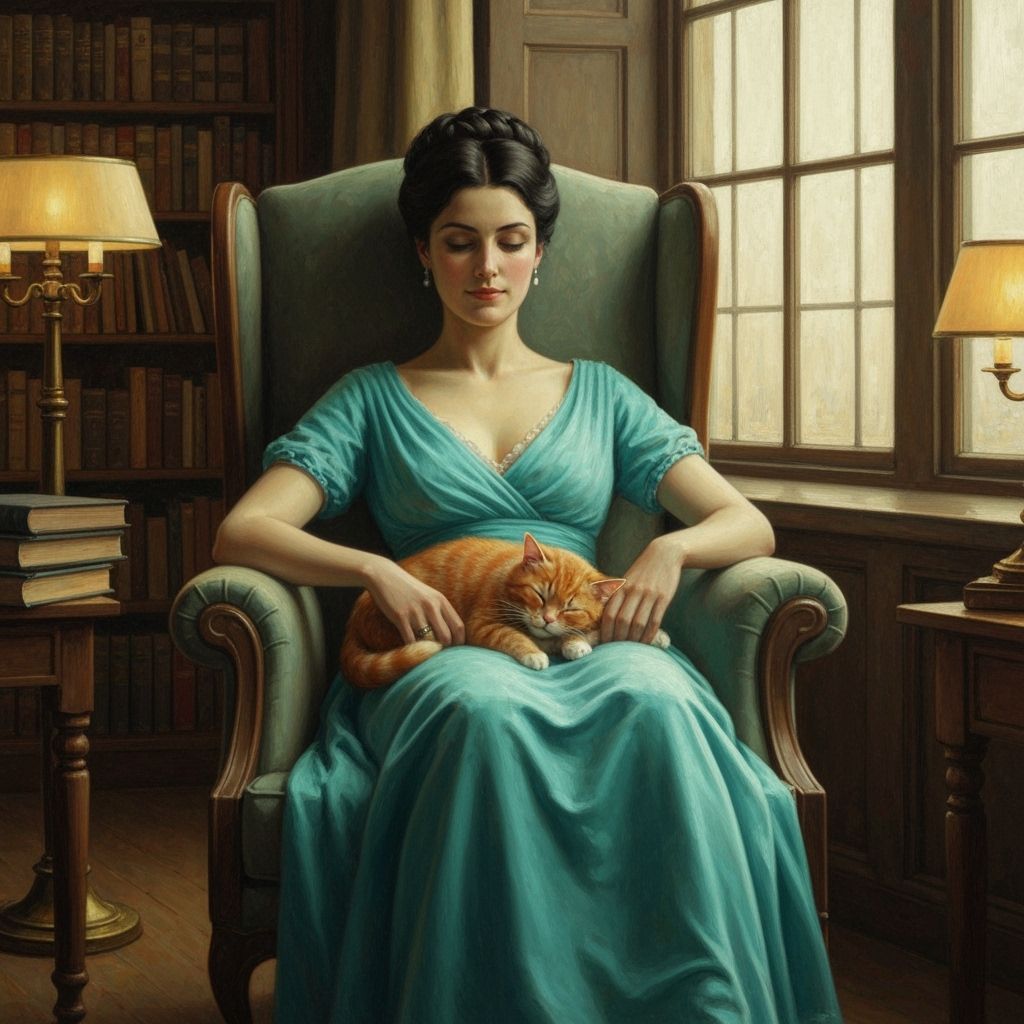 Woman in Turquoise Dress Relaxing in Library with Cat